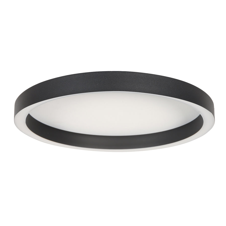 Vue rapprochée du luminaire rond présentant le diffuseur opalin et le contour sombre