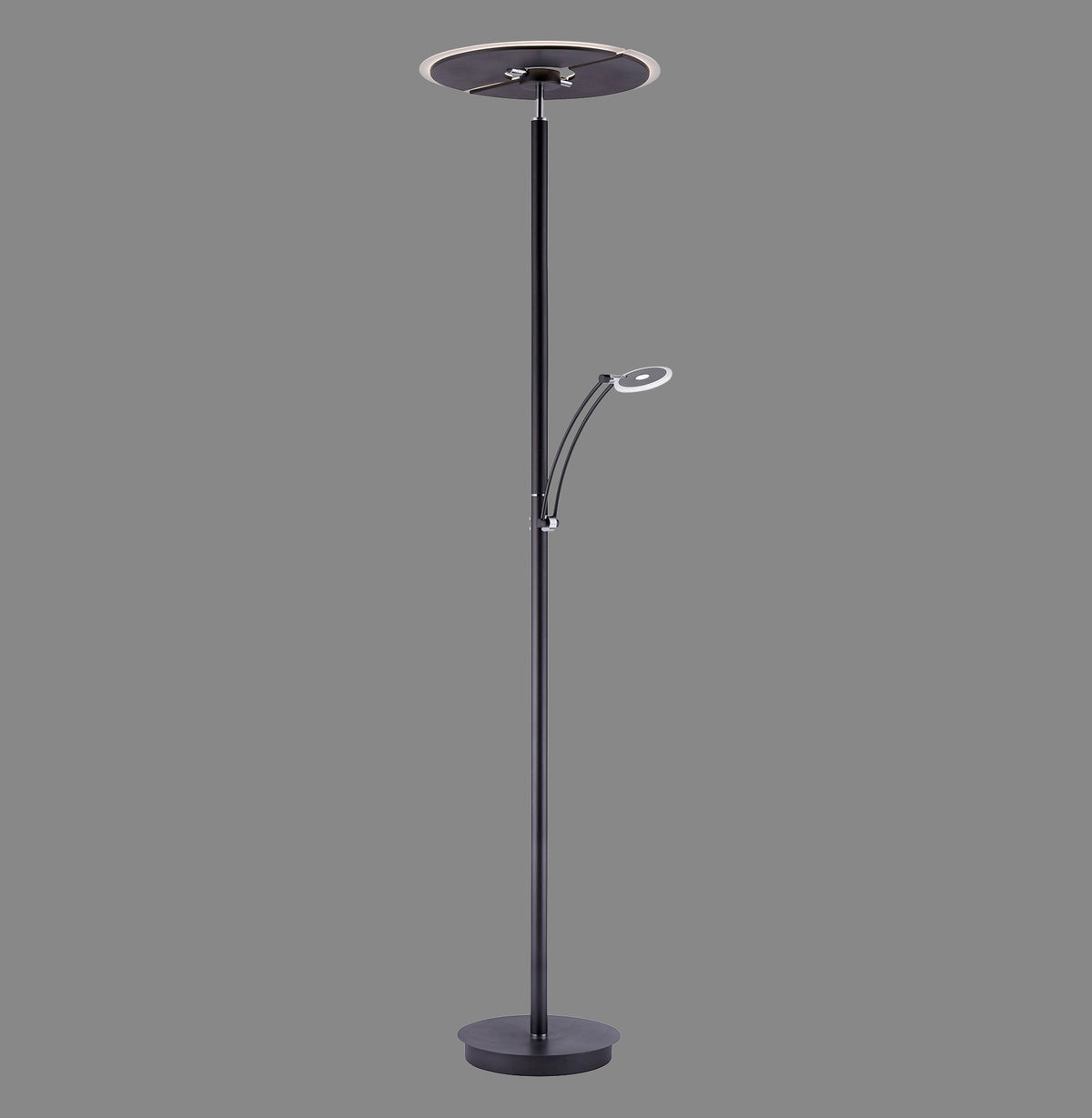 Lampadaire anthracite sur fond gris, vue de face, mât cylindrique et tête ronde.
