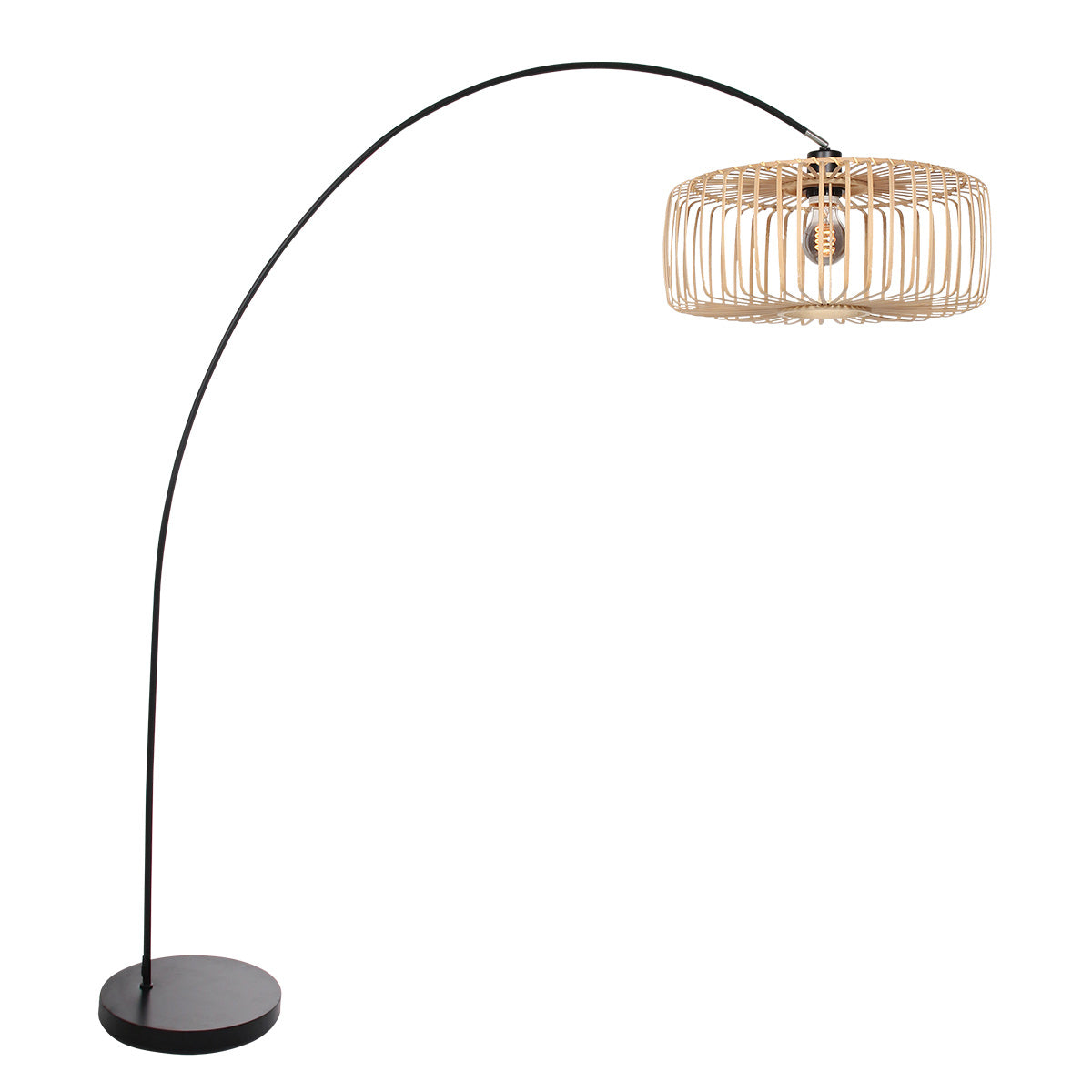 Lampadaire arqué noir / lampadaire Solva 4156ZW avec abat-jour en bambou naturel
