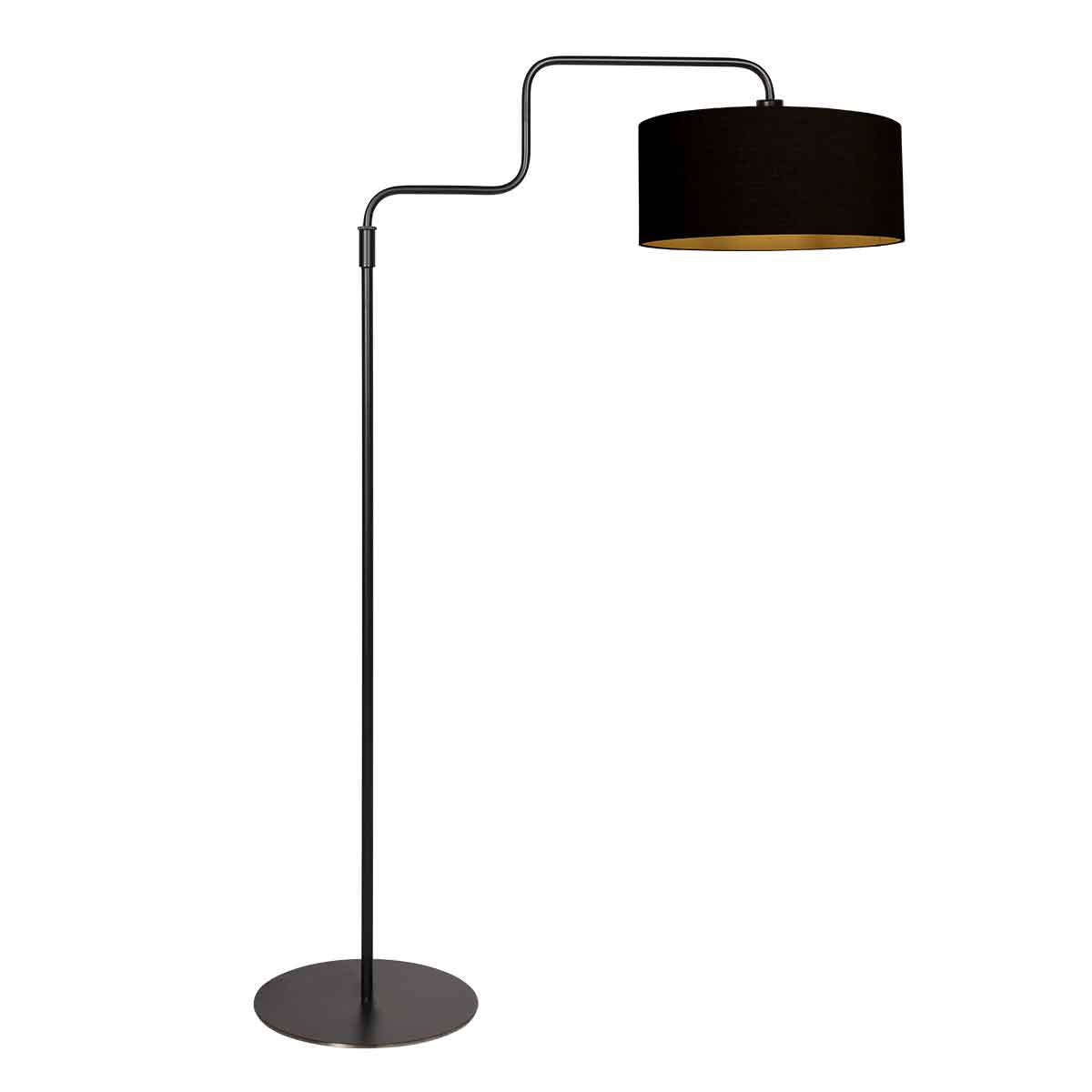 Lampadaire noir Bloeba 4161ZW avec abat-jour en lin noir et doré