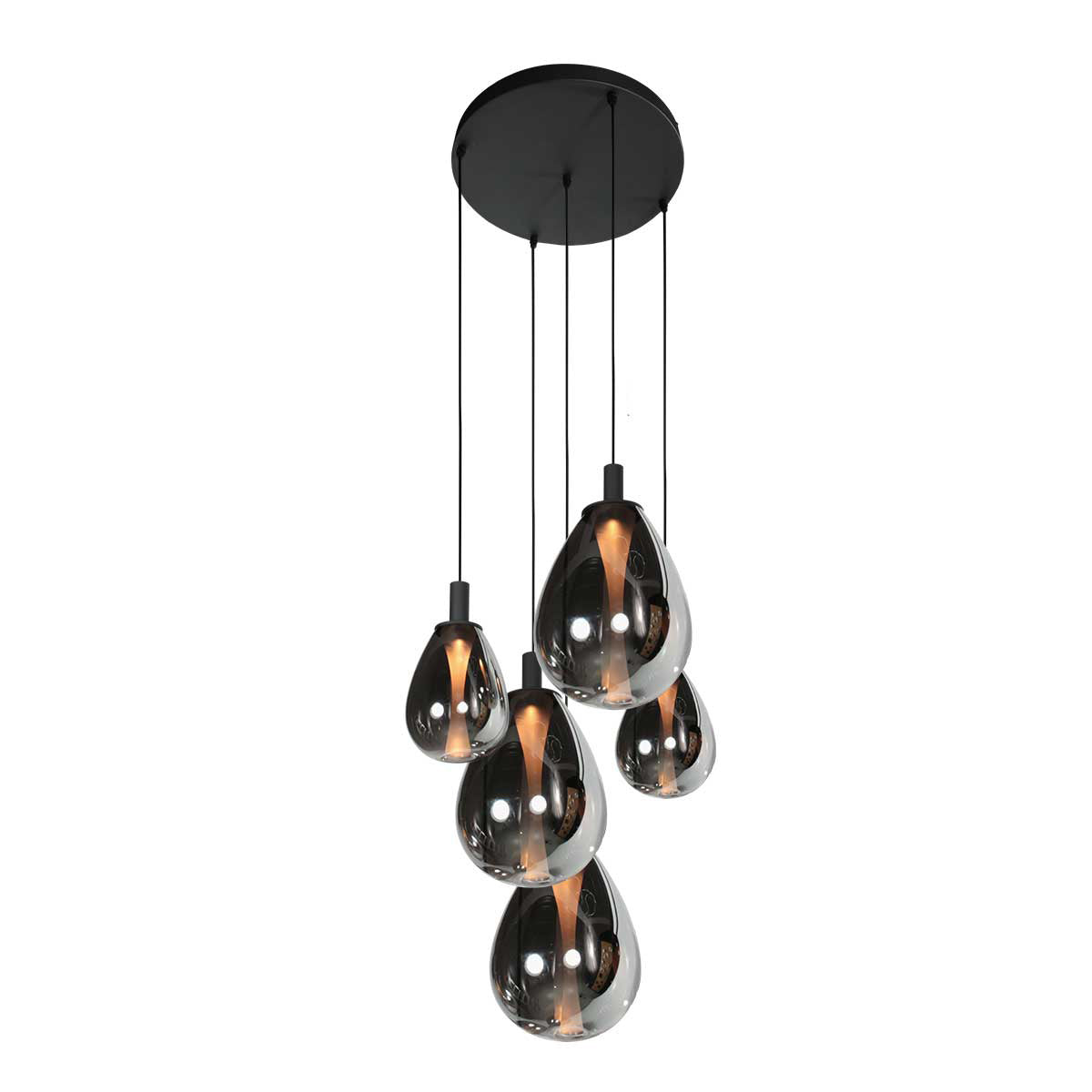 Suspension grappe Glimsy, 5 feux en verre fumé sur rosace noir mat Ø 40 cm – Designix.fr