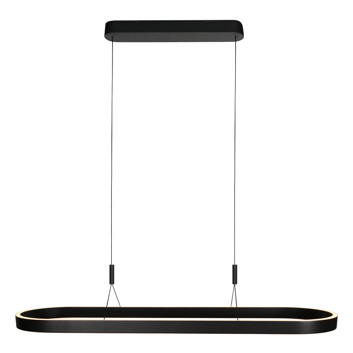 Vue de face d'une suspension ovale noire avec deux câbles et liseré clair.