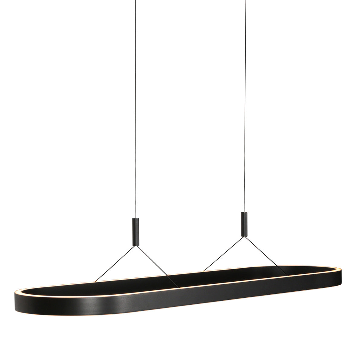 Détail de profil du bandeau ovale noir avec liseré doré et fixation par câbles.