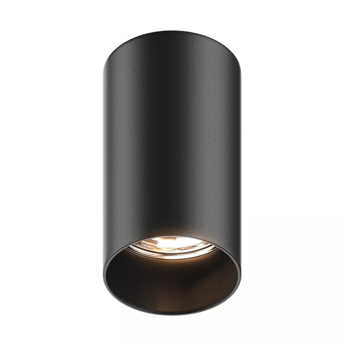 Vue de face d'un spot cylindrique noir mat, source lumineuse visible.