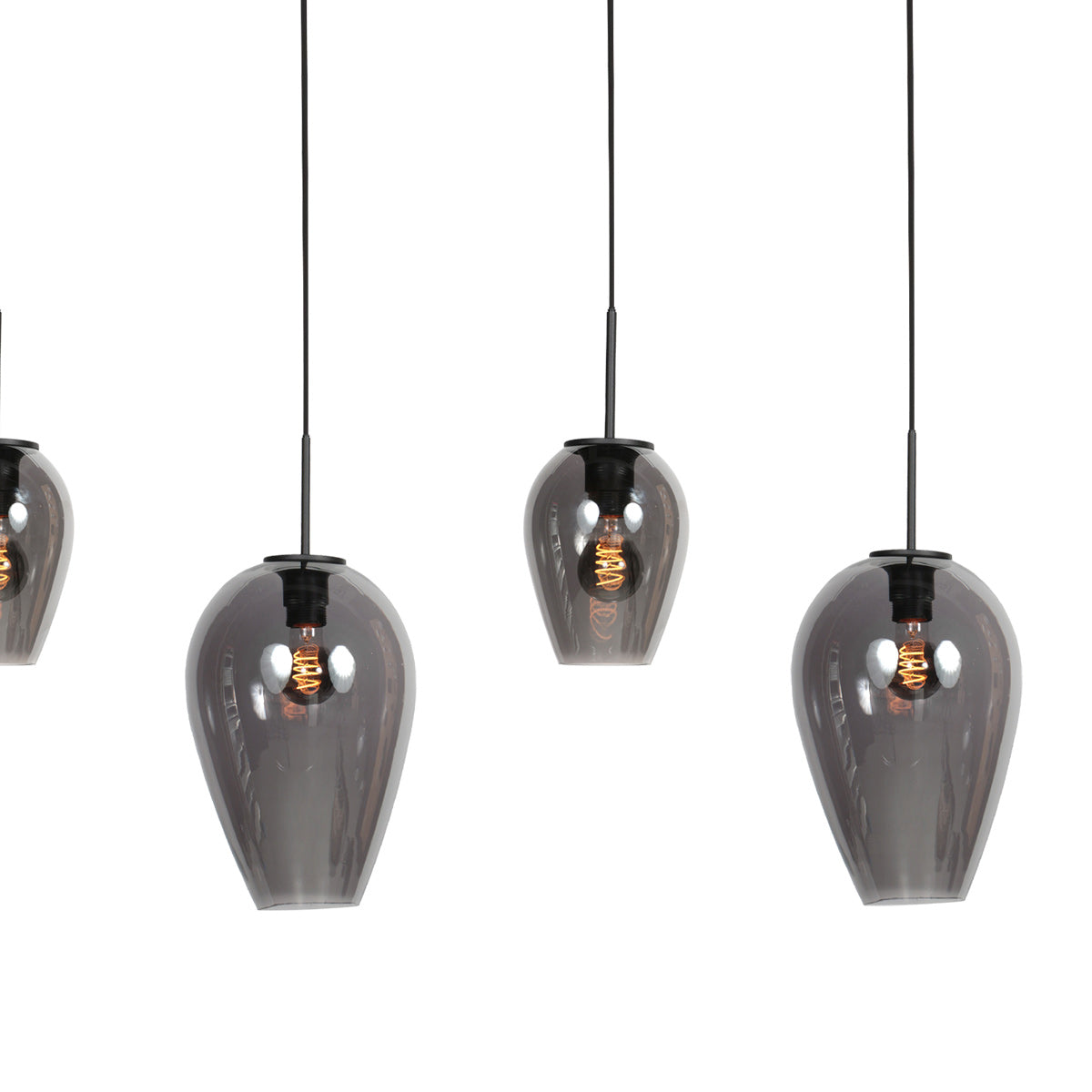 Suspension allongée verre fumé HaloSwap – détail de trois verres fumés en forme de goutte – Designix.fr
