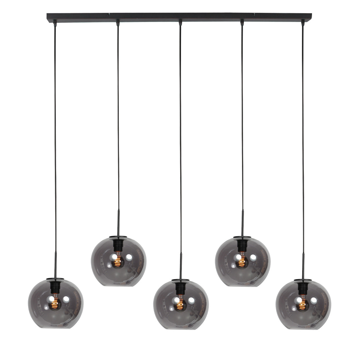 Suspension cinq globes en verre fumé translucide alignés sur profilé noir, vue de face