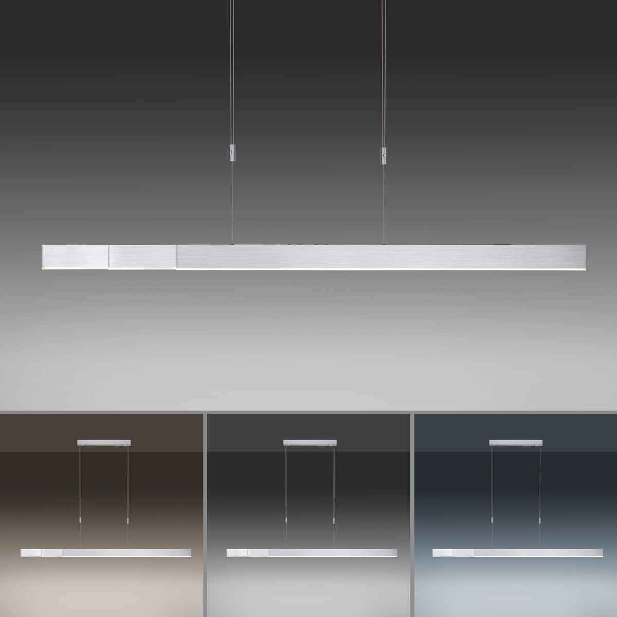 Luminaire présenté sur fond dégradé, décliné en trois ambiances de température de couleur.