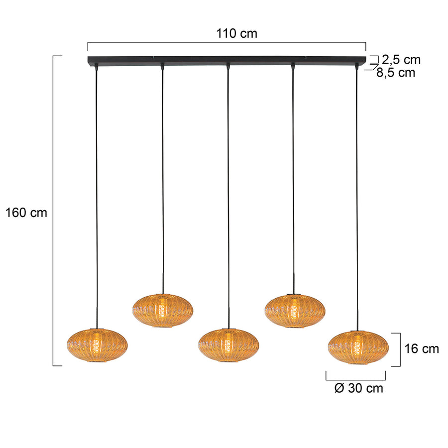 Dimensions de la suspension barre HaloSwap : platine 110 cm, verres Ø 30 cm, hauteur 160 cm