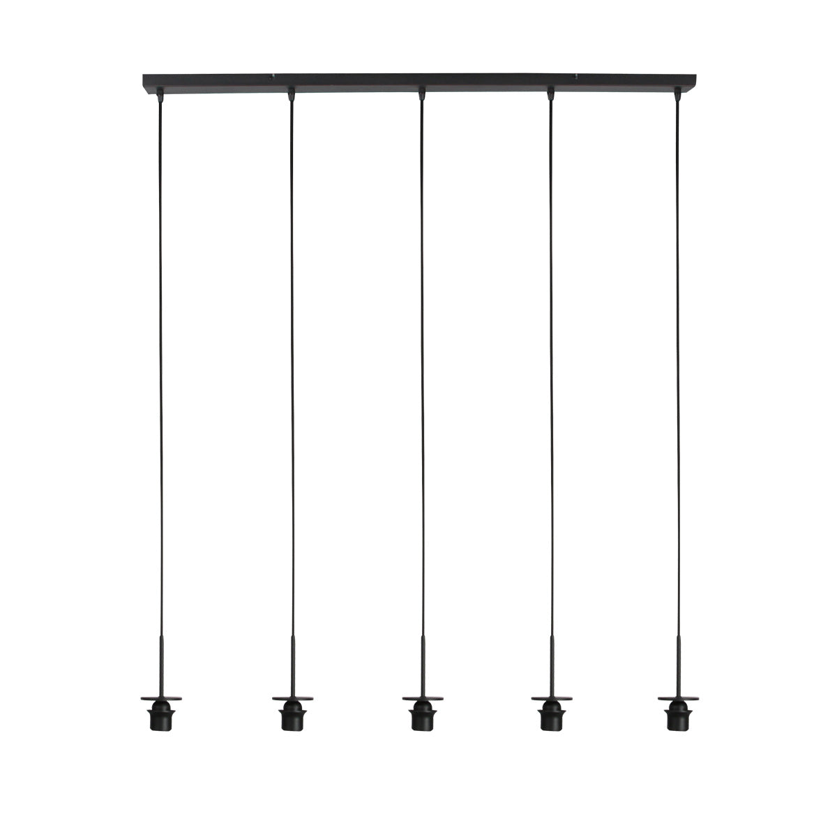 Détail de la structure noire : cinq douilles suspendues par des câbles fins sous une barre rectangulaire.