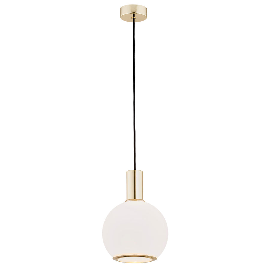 Suspension à globe sphérique en verre blanc et détails dorés, présentée de face