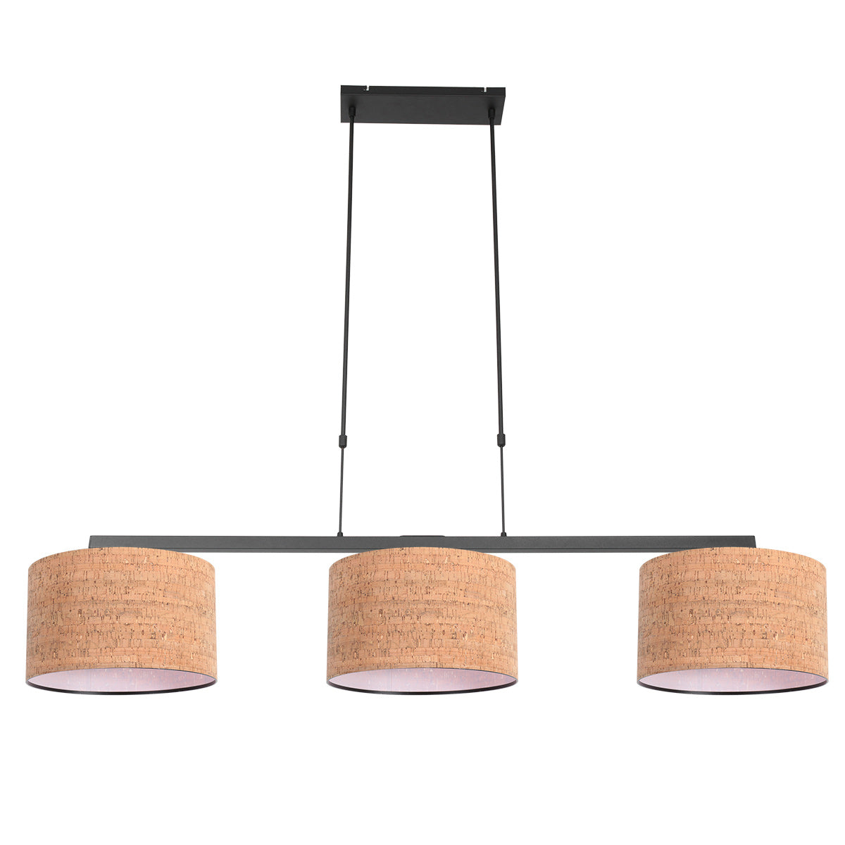 Suspension liège Steinhauer, 3 abat-jour cylindriques sur barre noire – Designix.fr