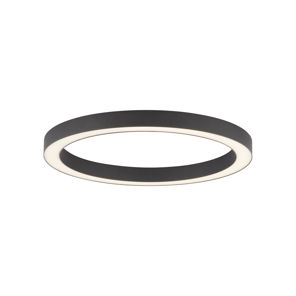 Plafonnier circulaire anthracite vu de face, anneau lumineux diffusant une lumière blanche
