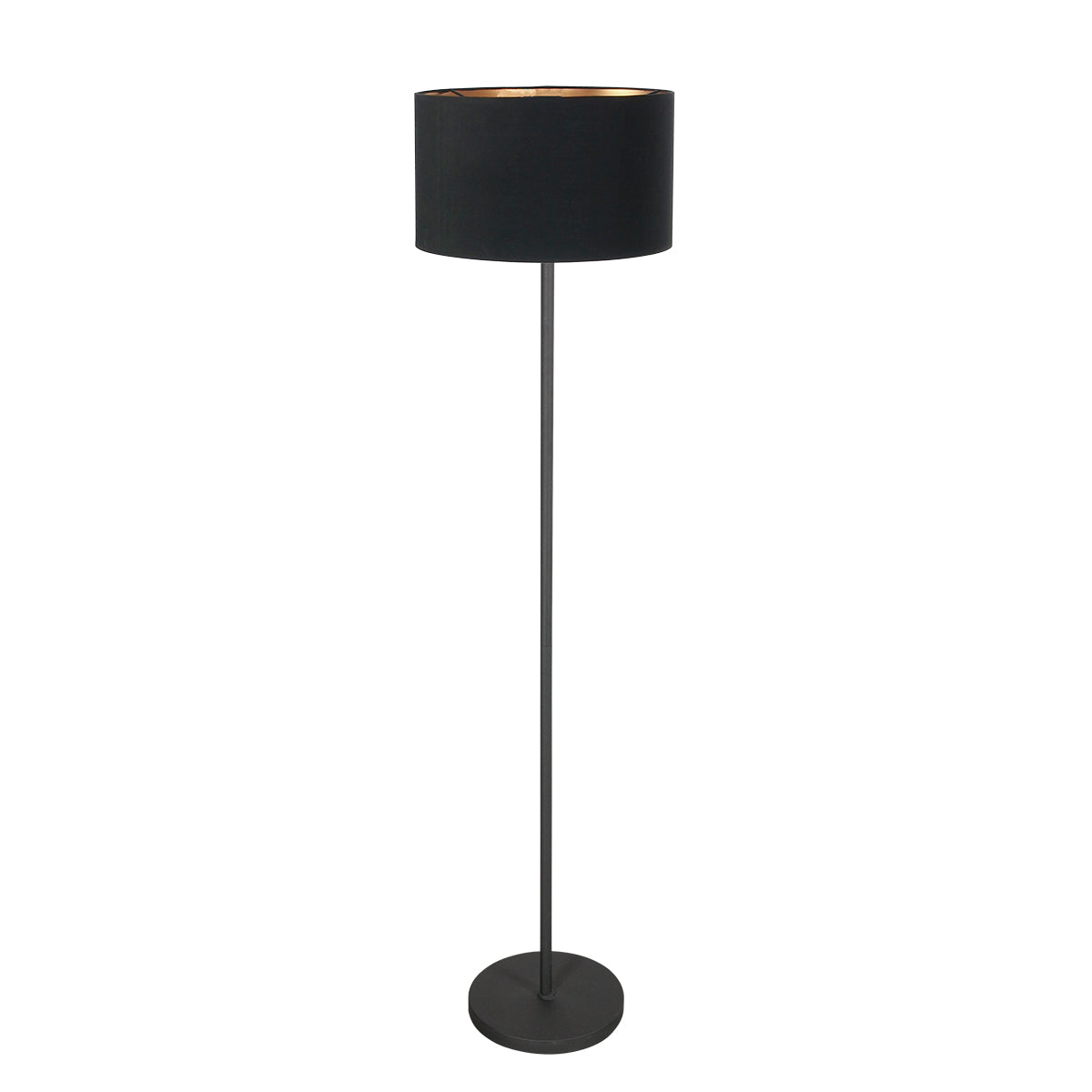 Lampadaire noir vu de face avec abat-jour cylindrique en lin noir