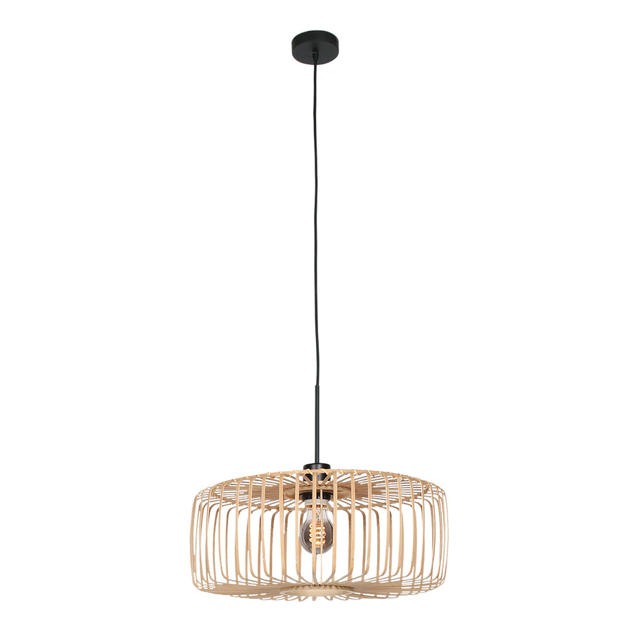 Vue en pied de la suspension, câble noir et rosace fixée au plafond.