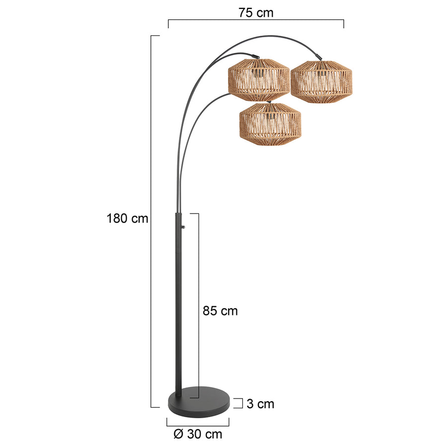 Plan coté du lampadaire arc Cordéo : hauteur 180 cm, base Ø 30 cm
