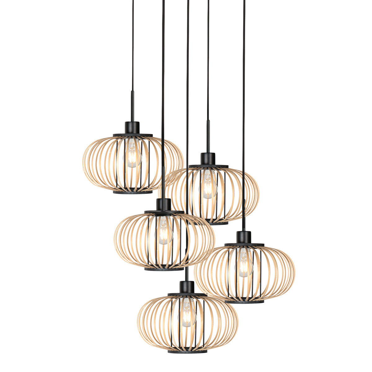 Suspension bambou Java vue d'ensemble, cascade de cinq cages ajourées sur base ronde noire