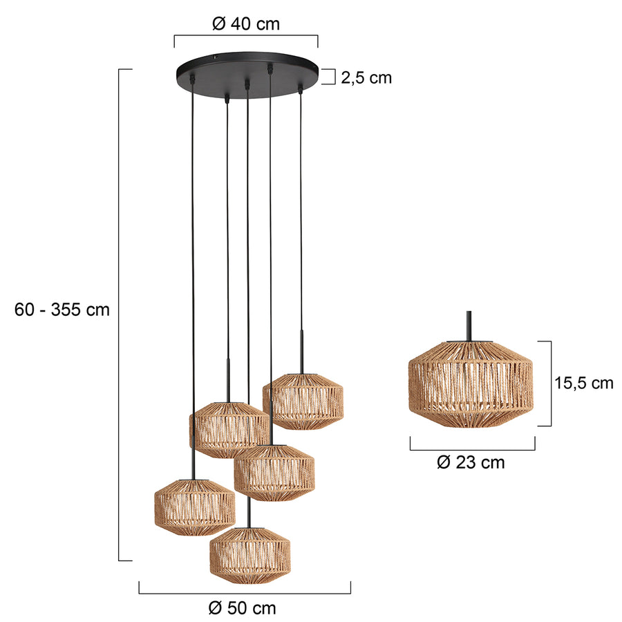 Dimensions de la suspension corde Nusa : platine Ø 50 cm, abat-jour Ø 23 cm, câbles 60-355 cm