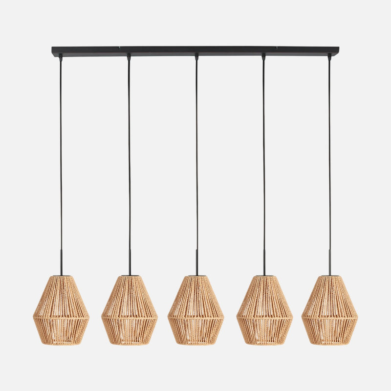 Suspension barre corde tressée, 5 abat-jours diabolo beige 110 cm | Bintan