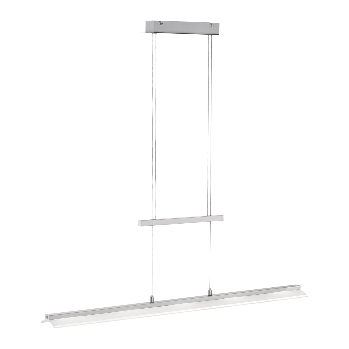 Vue de trois quarts de la suspension acier avec barre centrale et diffuseur lumineux.