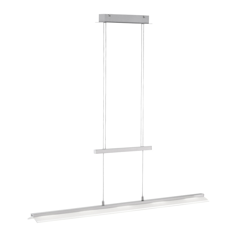 Vue de trois quarts de la suspension acier avec barre centrale et diffuseur lumineux.