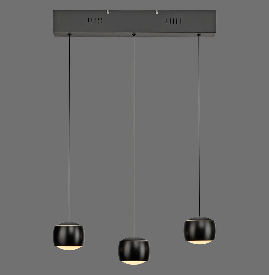 Suspension noire à trois globes sphériques suspendus sous une barre rectangulaire fixe.