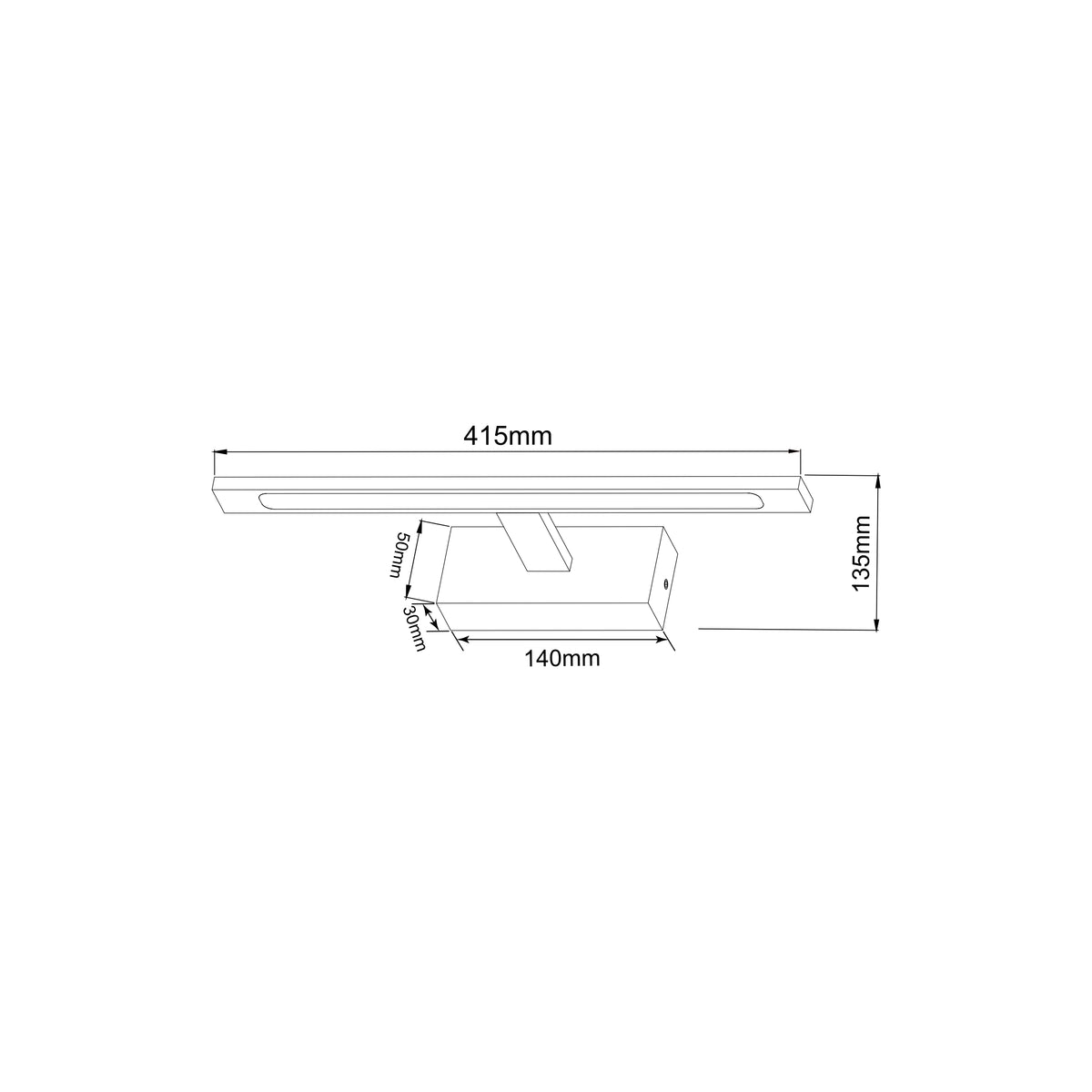 Schéma technique coté : longueur 415 mm, hauteur 135 mm, base 140 mm.