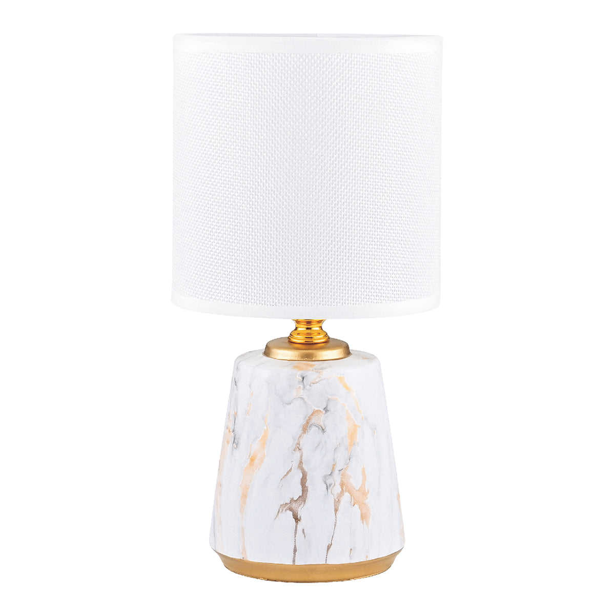 Lampe à poser de face avec abat-jour blanc et base céramique dorée