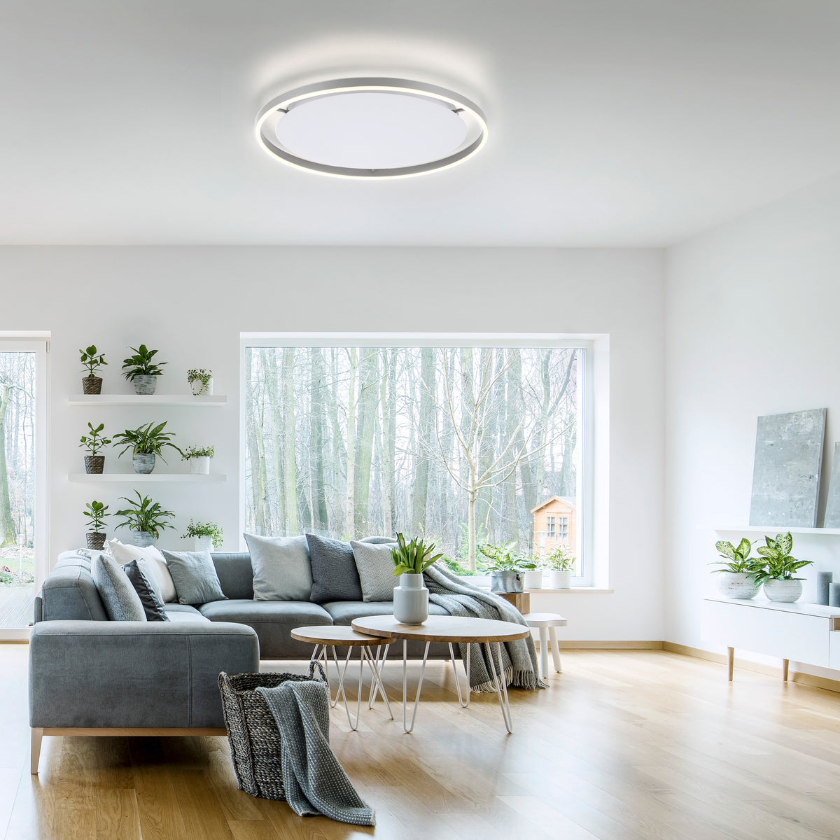 Mise en ambiance du plafonnier allumé dans un salon moderne avec canapé et plantes.