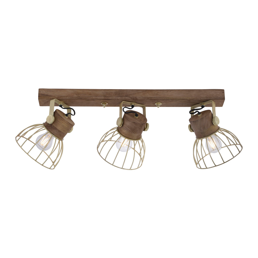 Même plafonnier trois lumières présenté sur fond blanc, bois et finition laiton