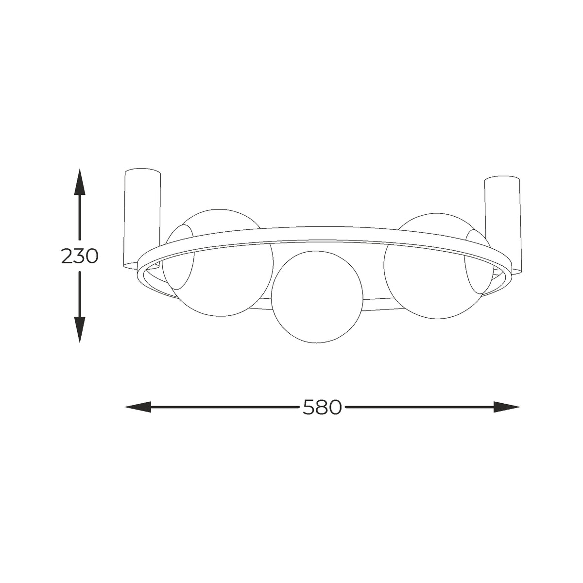 Schéma technique coté du luminaire : hauteur 230 mm, largeur 580 mm.