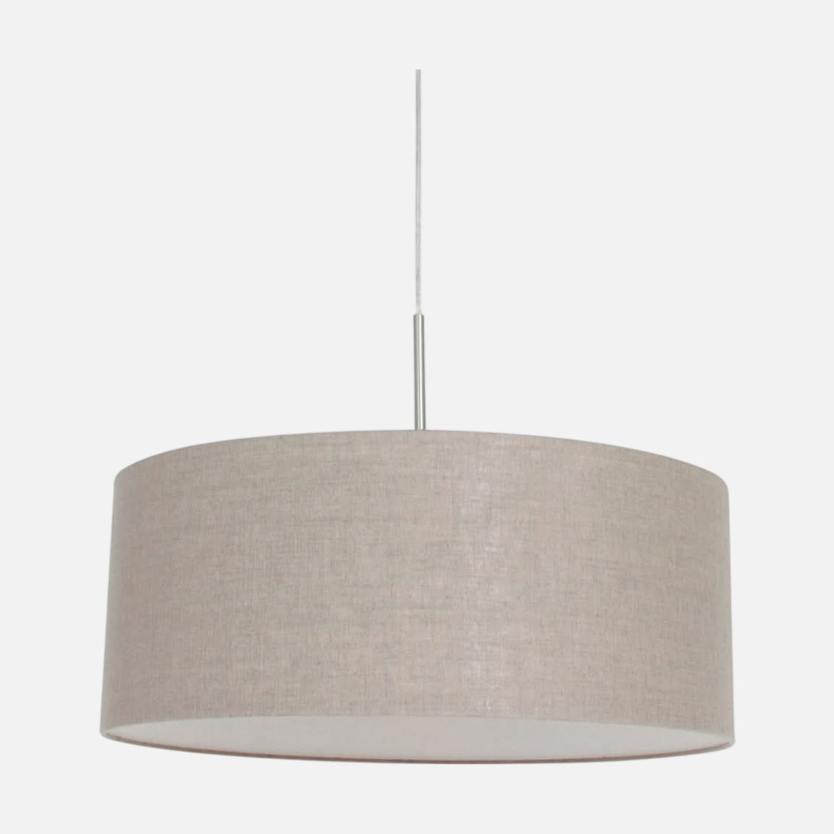 Suspension lin gris Sparkled, abat-jour tambour Ø 50 cm et monture acier brossé, sur fond gris clair