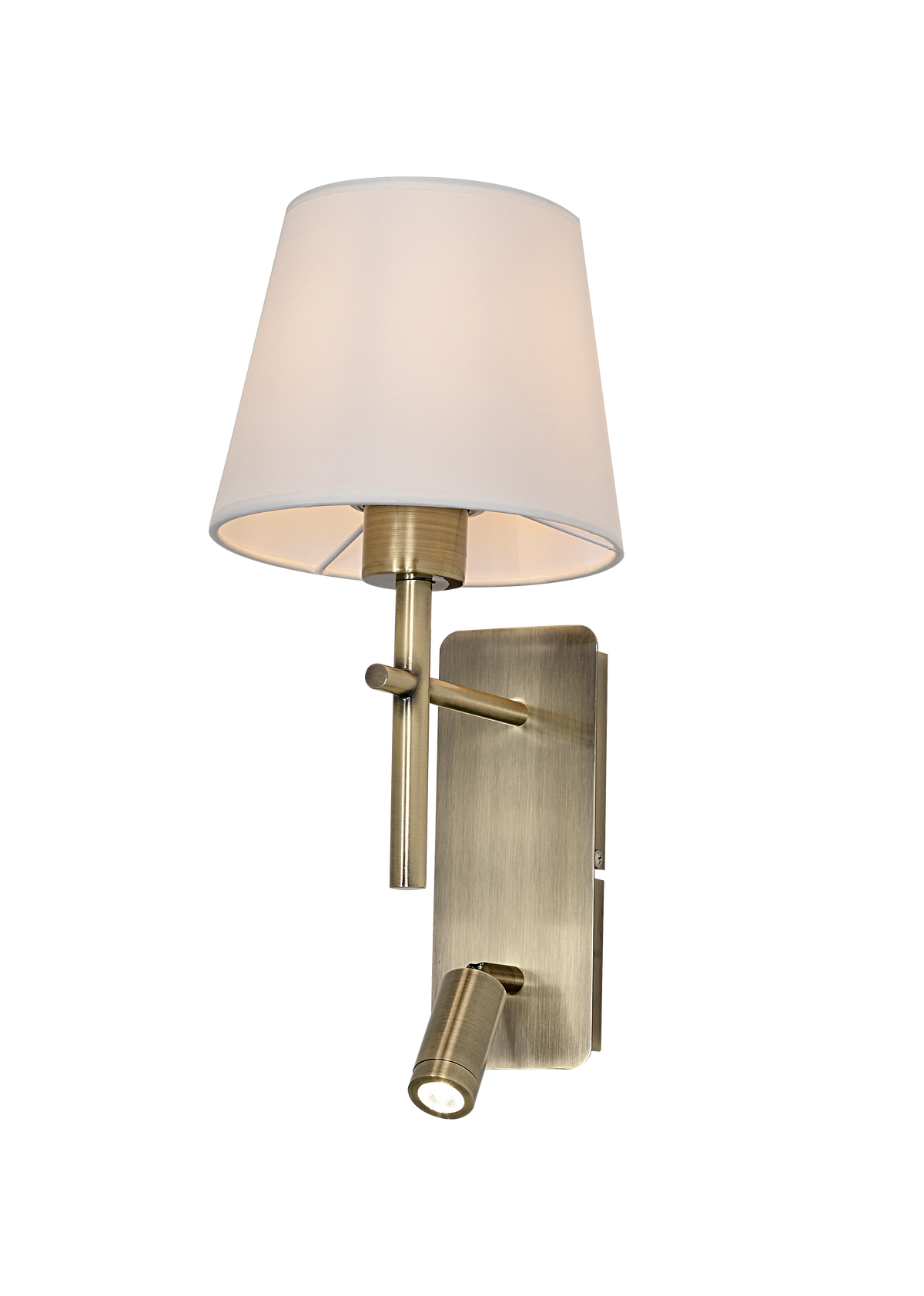 Applique murale bronze vieilli avec abat-jour en tissu blanc et liseuse orientable