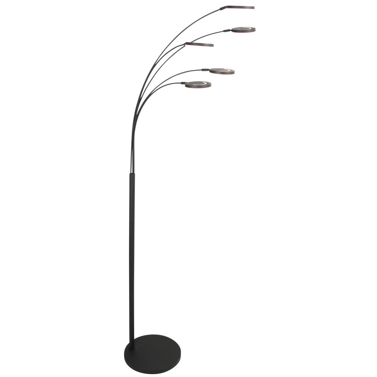 Vue de profil du lampadaire noir, cinq bras fins équipés de diffuseurs LED ronds.