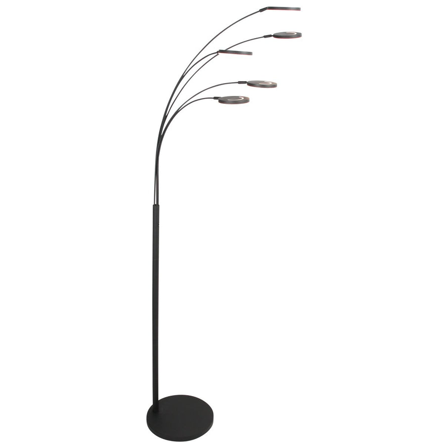Vue de profil du lampadaire noir, cinq bras fins équipés de diffuseurs LED ronds.