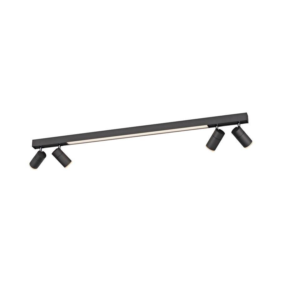 Plafonnier linéaire anthracite avec quatre spots cylindriques orientables, vue de trois quarts.