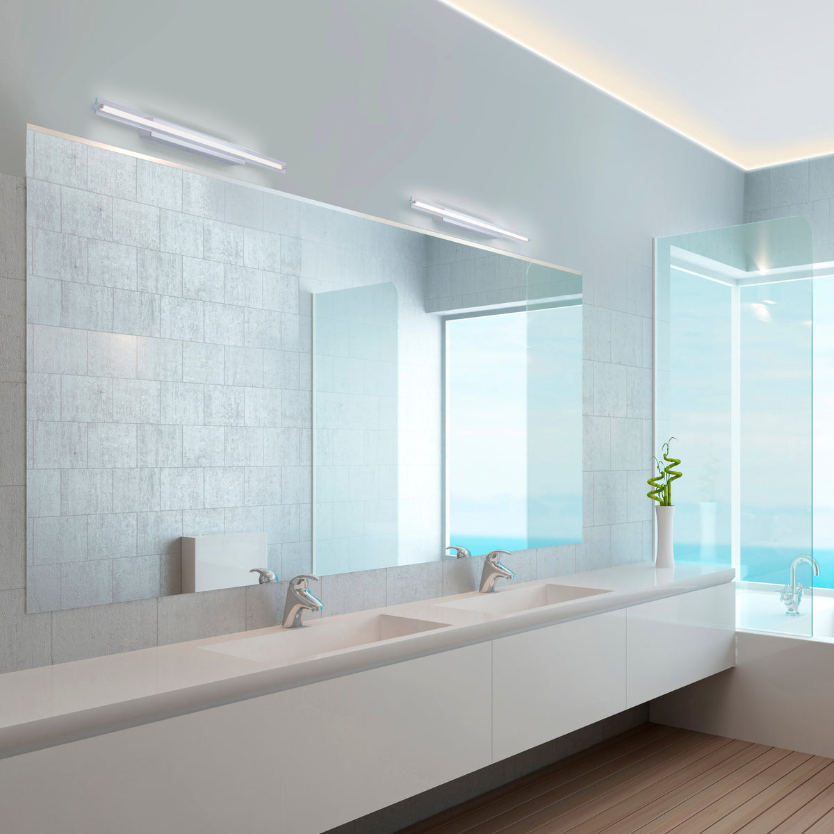 Mise en ambiance dans une salle de bain moderne, applique fixée au-dessus du miroir