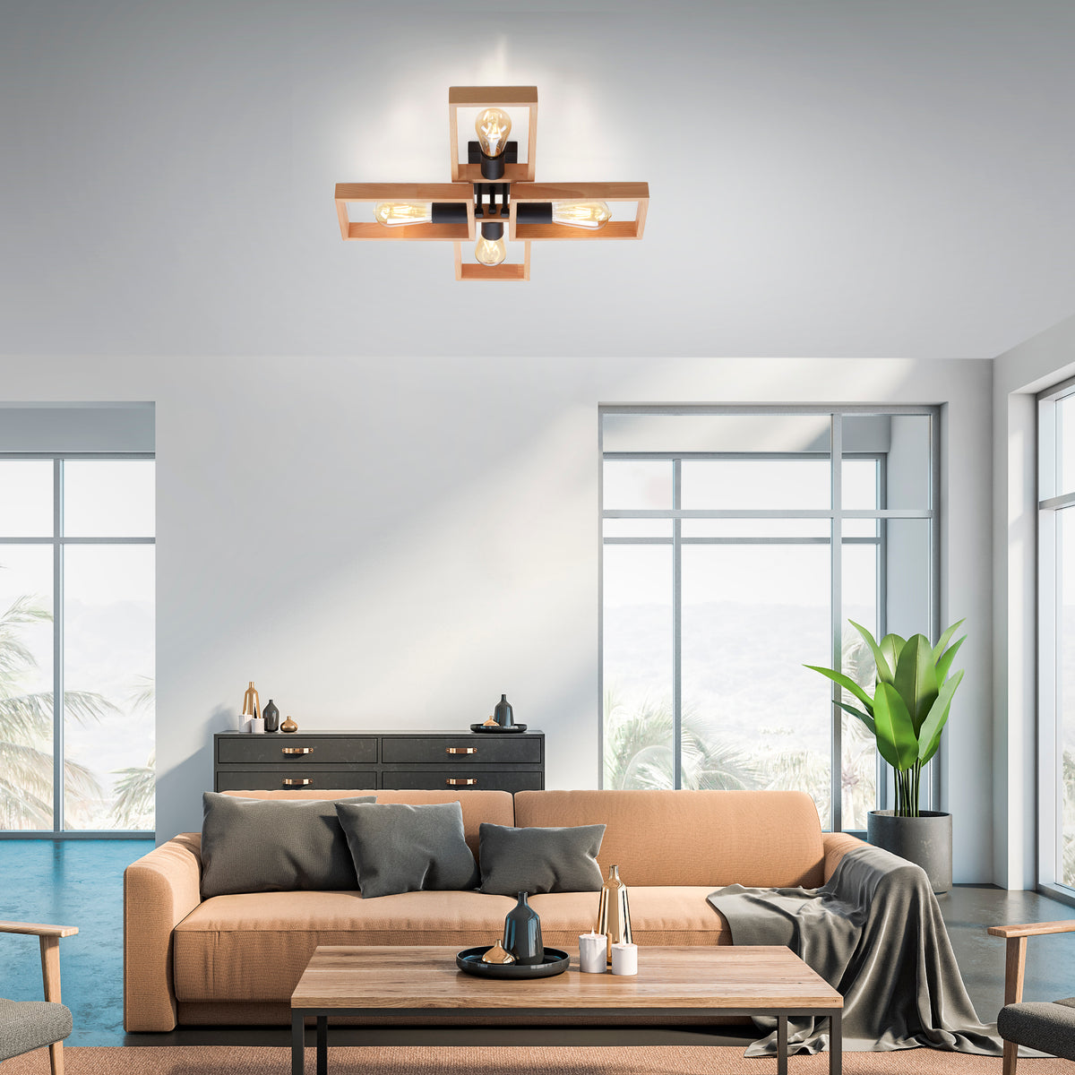 Mise en ambiance dans un salon moderne, plafonnier allumé fixé au plafond