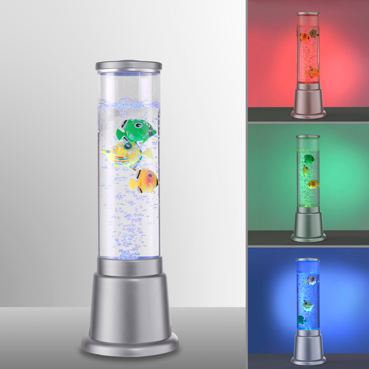 Lampe centrale et trois vignettes montrant éclairage rouge, vert et bleu.