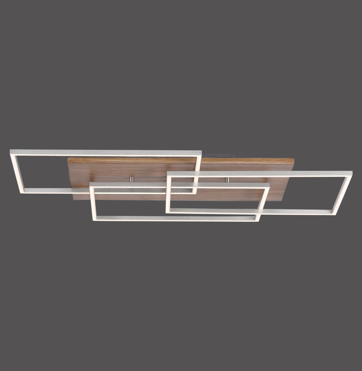 Plafonnier rectangulaire en bois clair avec cadres lumineux imbriqués, vue de face sur fond sombre