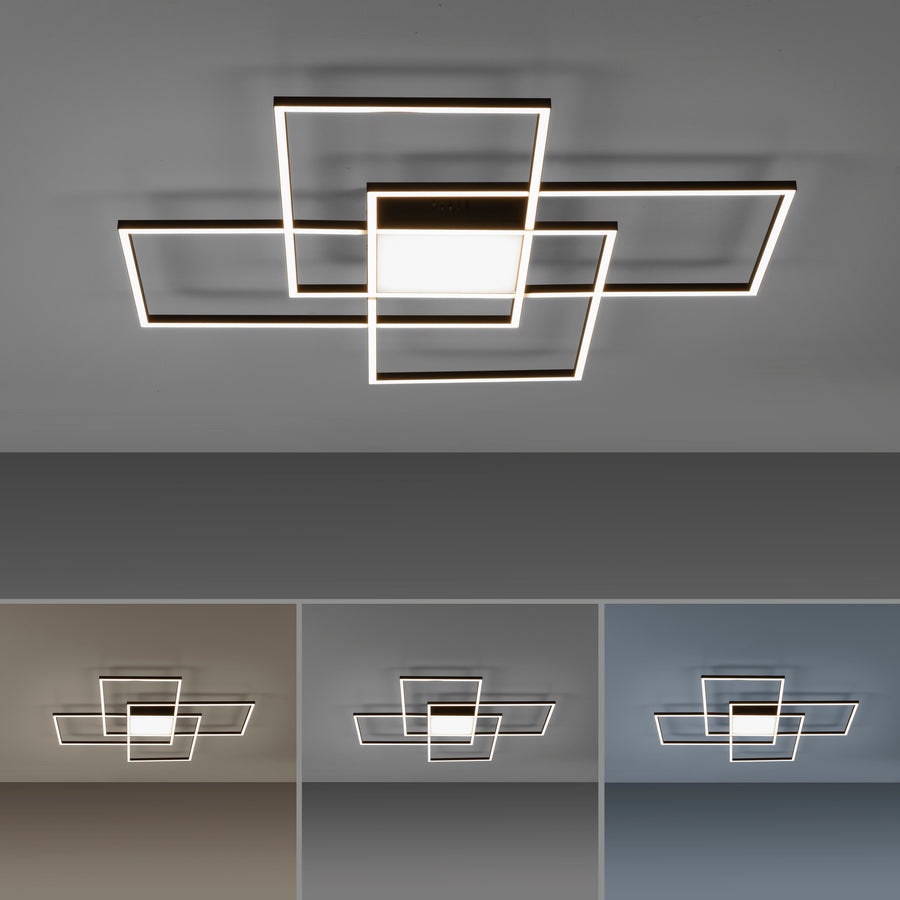 Plafonnier noir allumé, décliné en plusieurs températures de couleur sur fond gris.