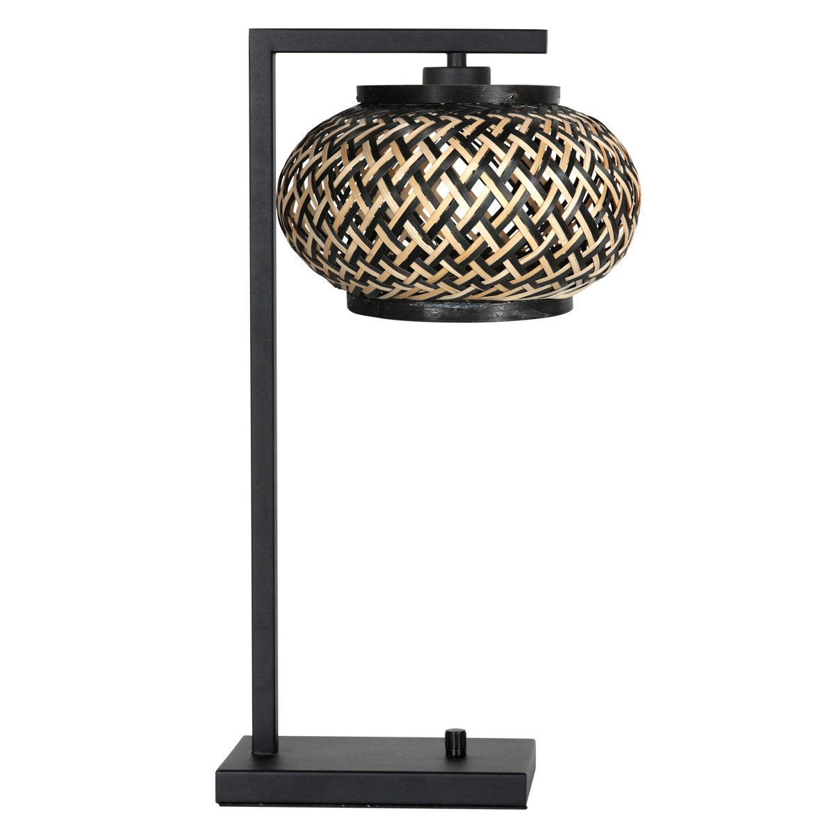 Lampe à poser noire avec abat-jour ovale tissé, vue de face sur fond blanc.