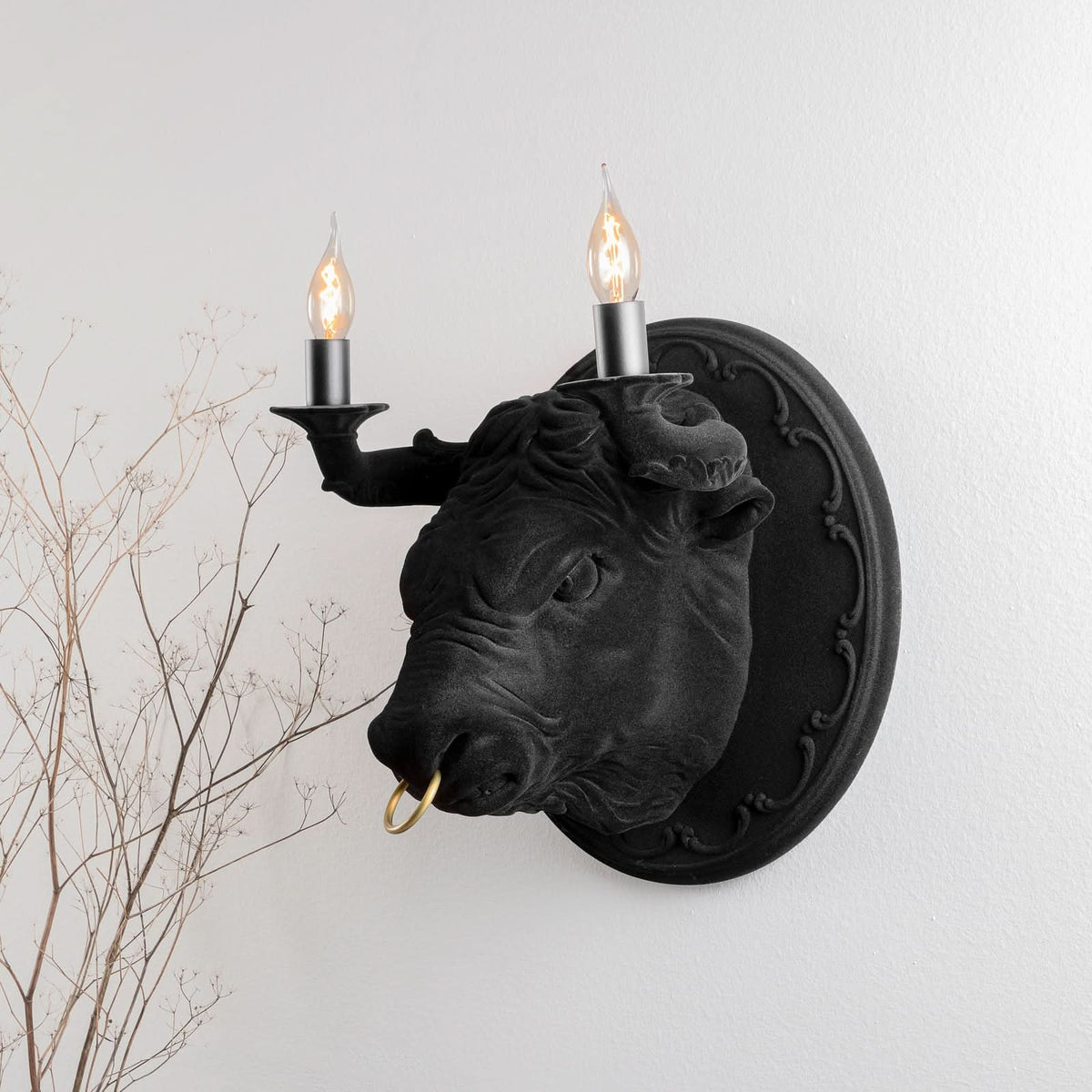 Applique murale Corrado en laiton, noir, 2 lumières, Ø 40 cm