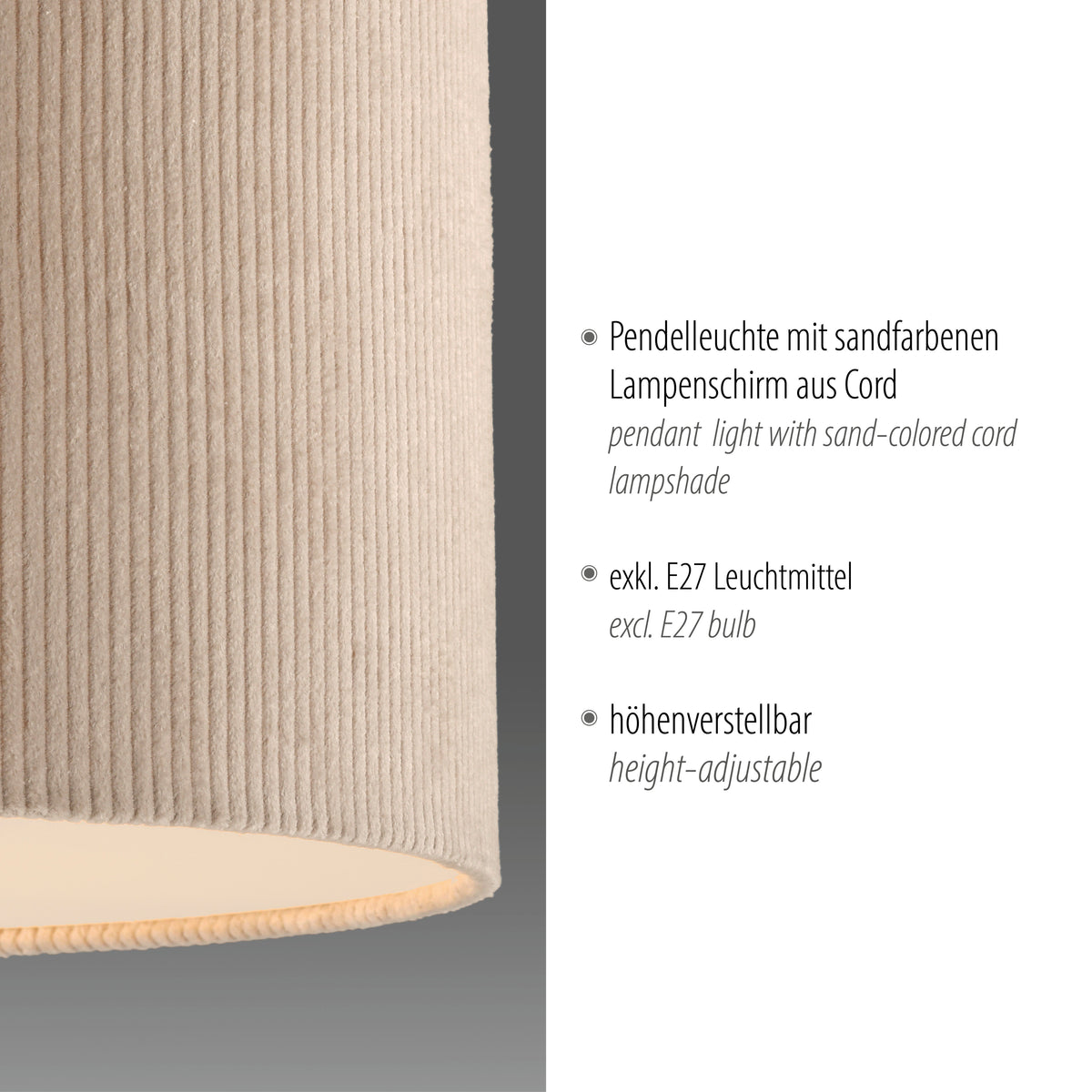 Détail de la finition côtelée sable et bord ourlé, texte produit en allemand