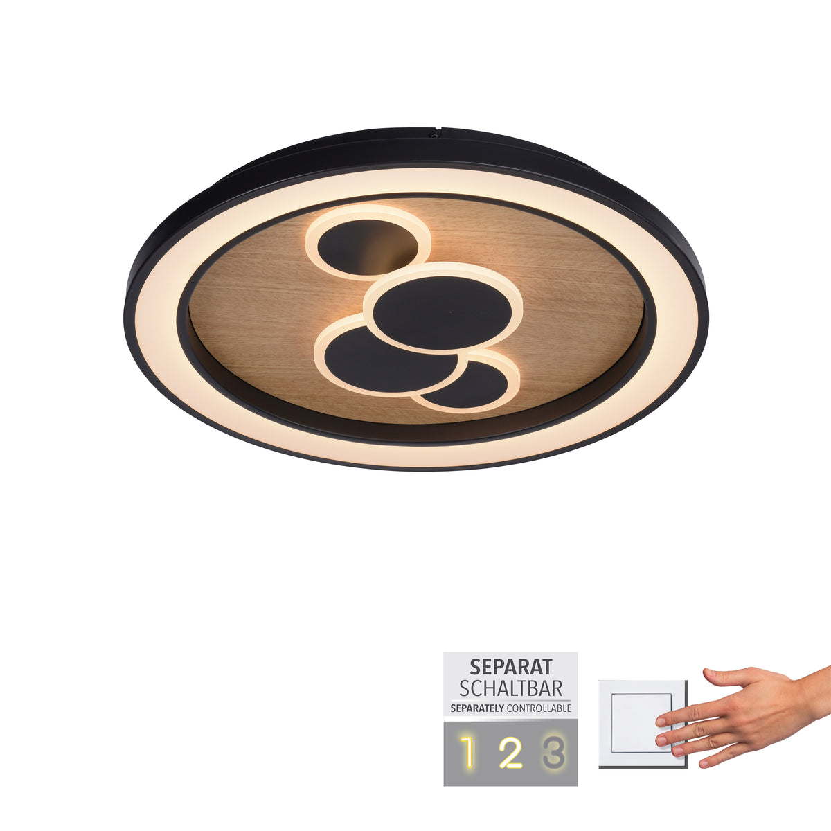 Plafonnier montré de biais avec interrupteur et mention séparément contrôlable.