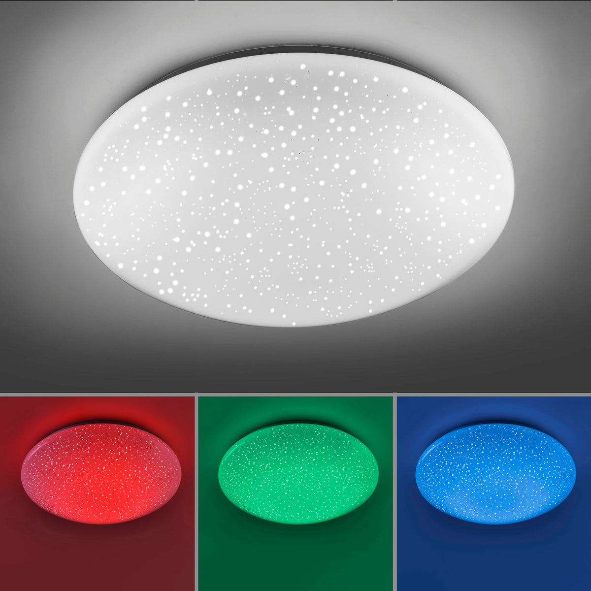Plafonnier blanc en variantes rouge, verte et bleue pour le changement de couleur.