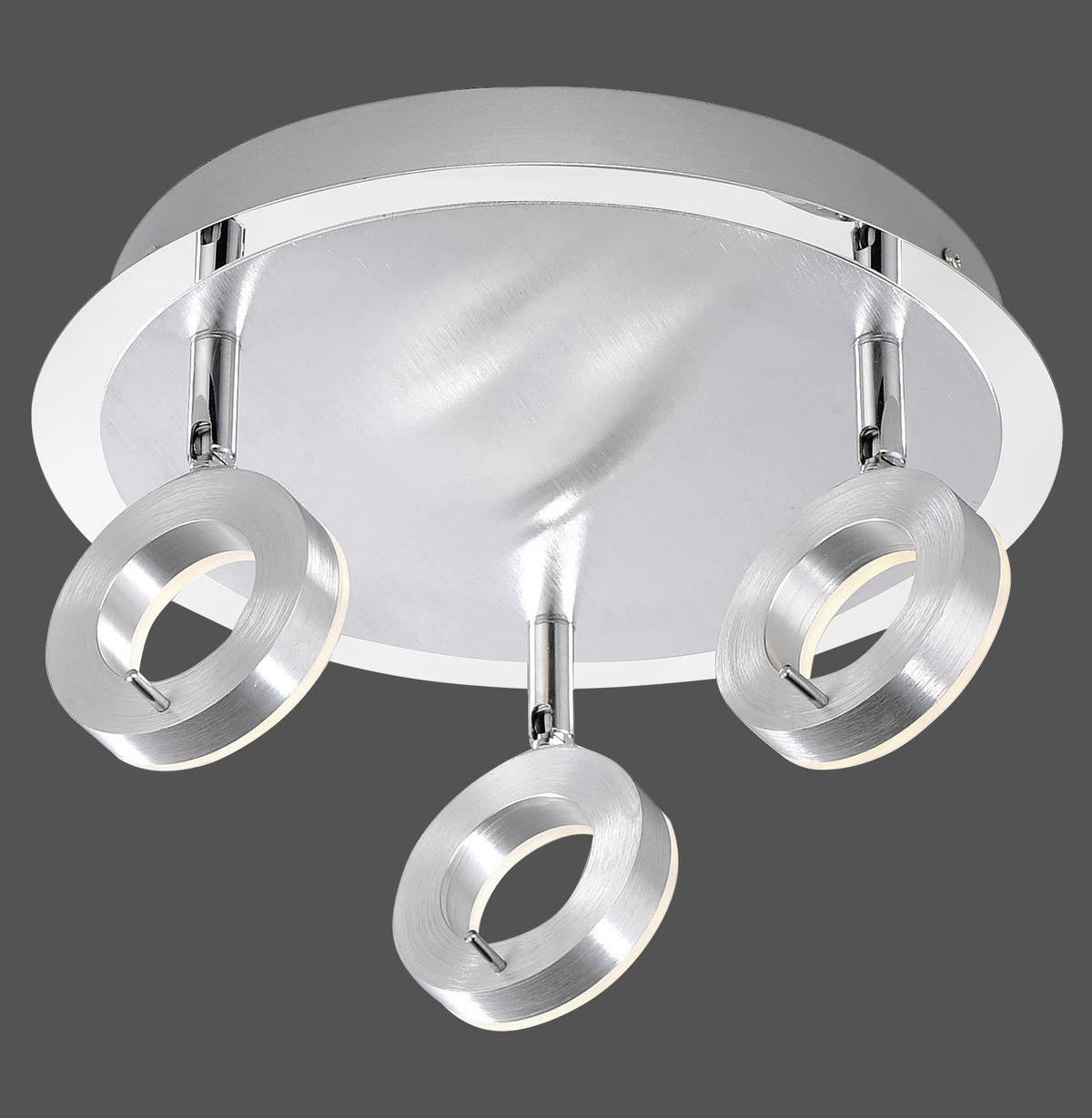 Vue de face d'un plafonnier aluminium avec trois spots ronds orientables