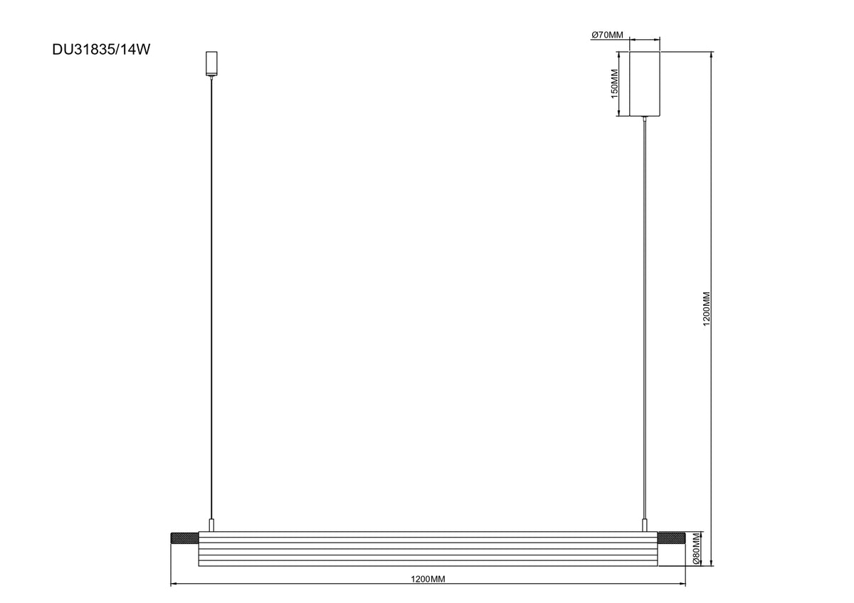 Schéma coté de la suspension : longueur 1200 mm, hauteur 1200 mm, rosace 70 mm.