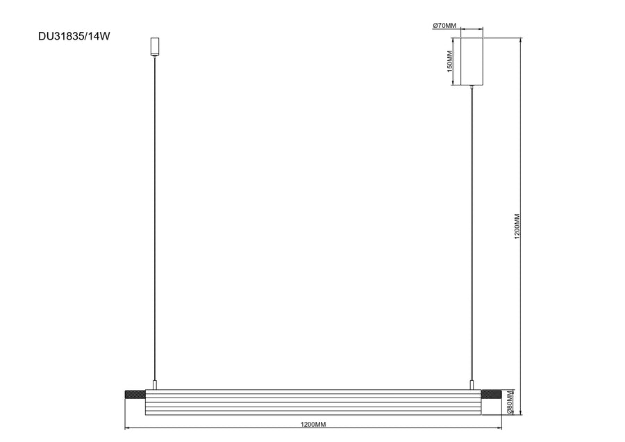 Schéma coté de la suspension : longueur 1200 mm, hauteur 1200 mm, rosace 70 mm.