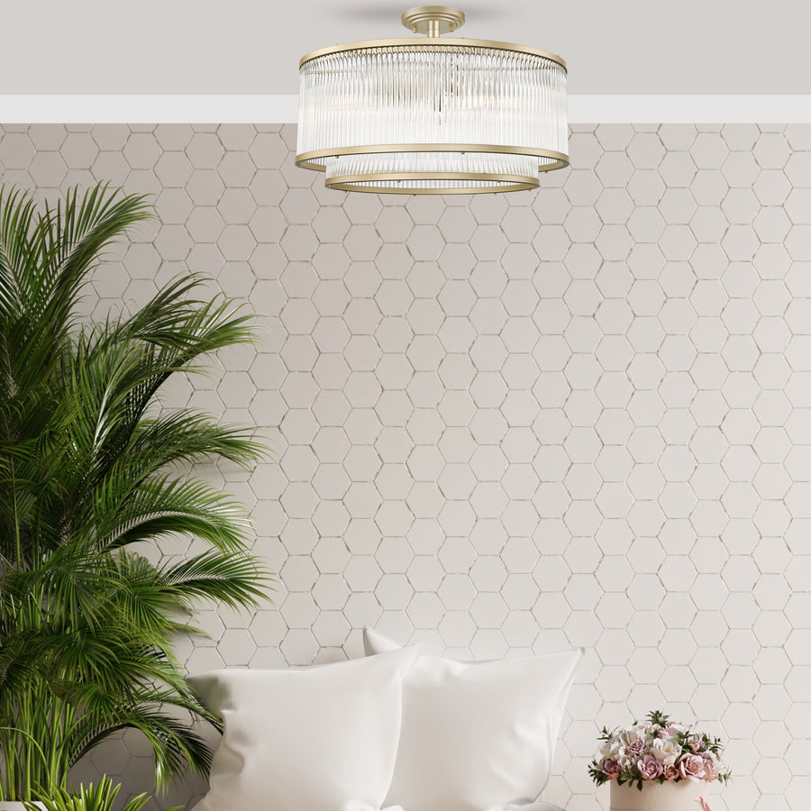 Plafonnier installé au plafond dans un salon au papier peint géométrique
