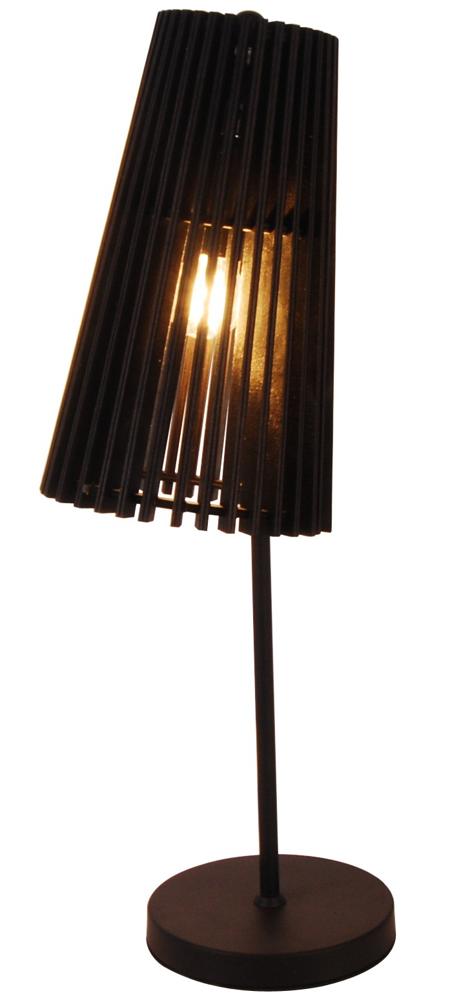 Lampe à poser noire en bois, abat-jour conique à lamelles verticales, fond blanc